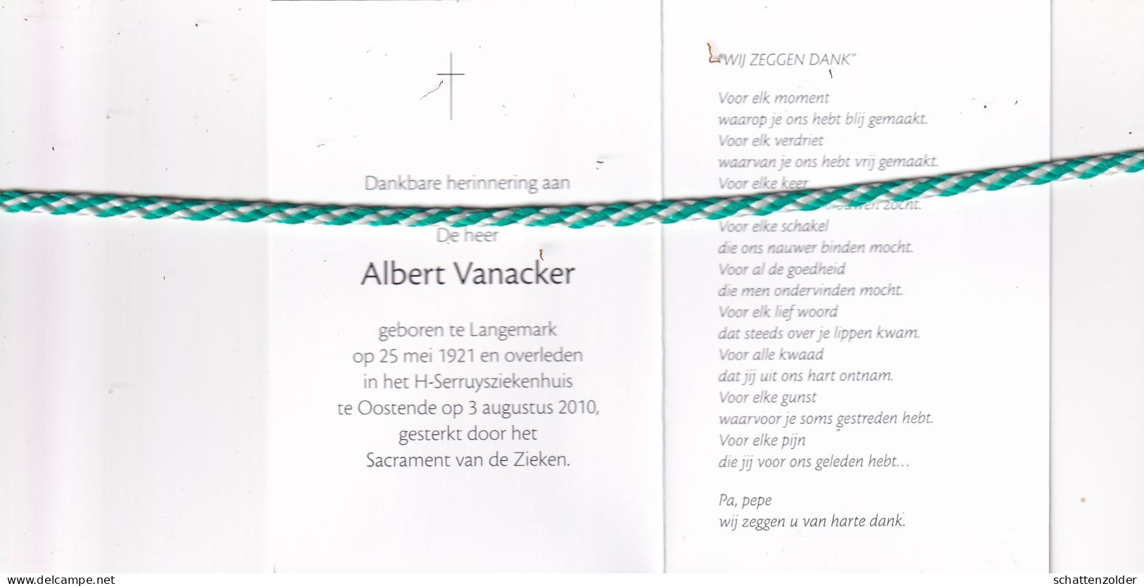 Albert Vanacker, Langemark 1921, Oostende 2010. Foto Hond - Obituary Notices