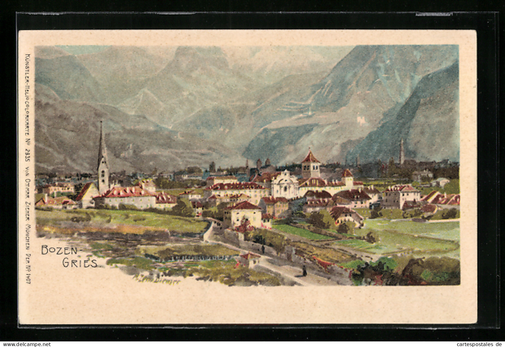 Artista-Cartolina Zeno Diemer: Bozen-Gries, Gesamtansicht Vor Dolomitenwand  - Bolzano