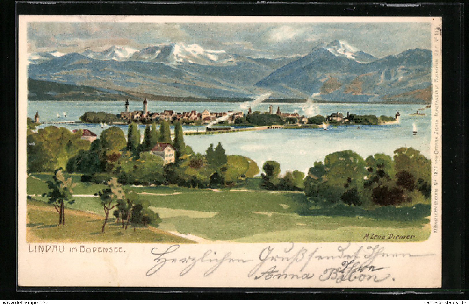 Künstler-AK Zeno Diemer: Lindau Im Bodensee, Blick über Den Ort, Eisenbahn  - Diemer, Zeno