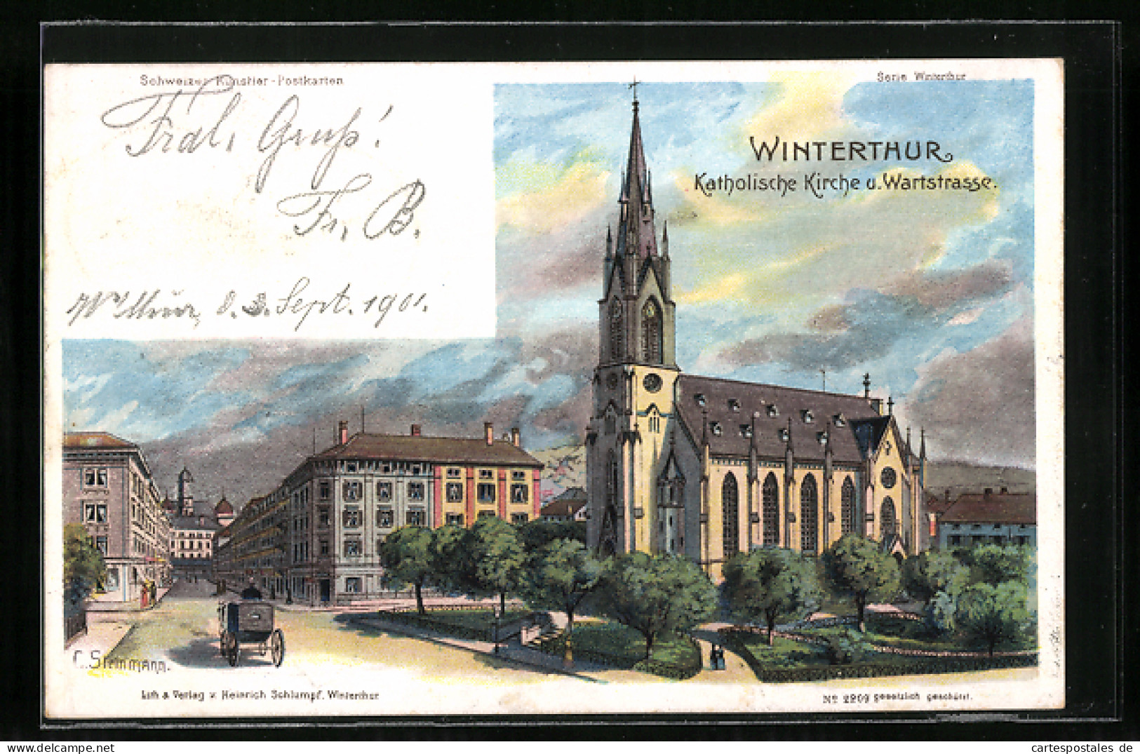 Lithographie Winterthur, Katholische Kirche Und Wartstrasse, Um 1900  - Autres & Non Classés