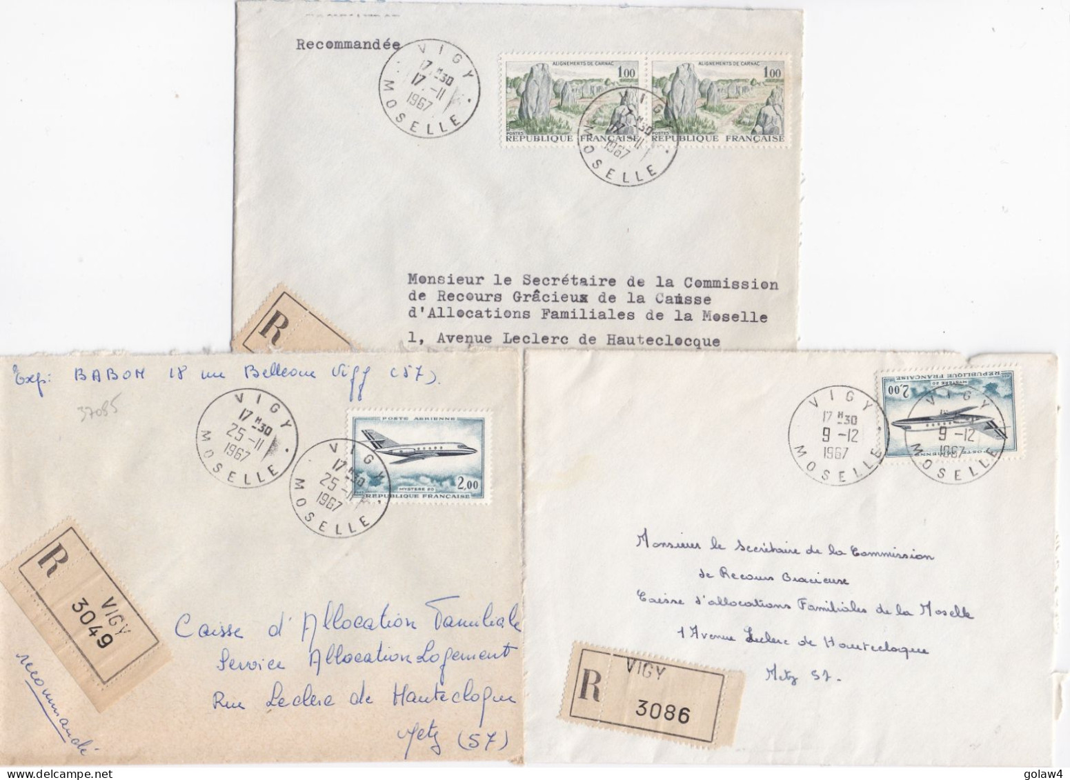 37085# LOT 3 LETTRES FRANCHISE PARTIELLE RECOMMANDE Obl VIGY MOSELLE 1967 Pour METZ 57 - Cartas & Documentos