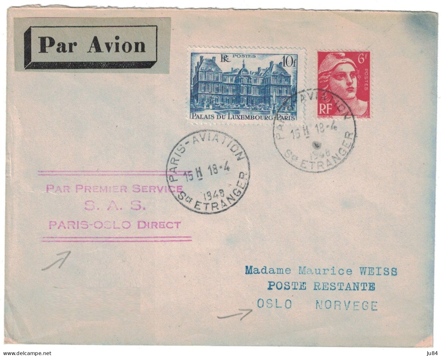 Paris Aviation - Sce Etranger - 1er Vol - Premier Service S.A.S. Paris-Oslo Direct - Lettre Pour Oslo (Norvège) - 1948 - 1927-1959 Storia Postale