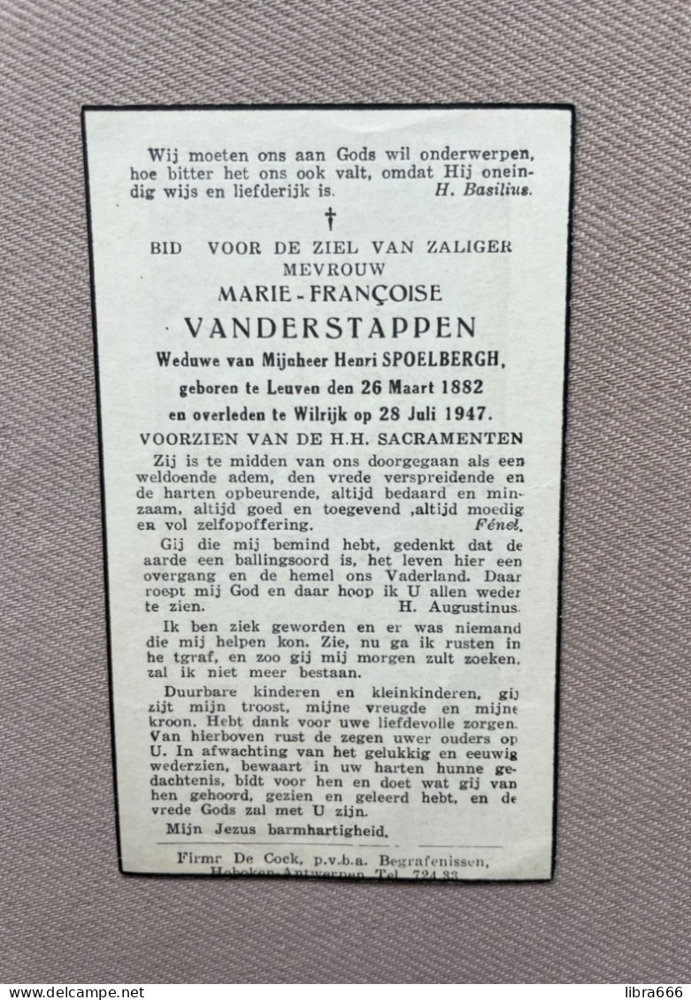 VANDERSTAPPEN Marie Françoise °LEUVEN 1882 +WILRIJK 1947 - SPOELBERGH - Todesanzeige