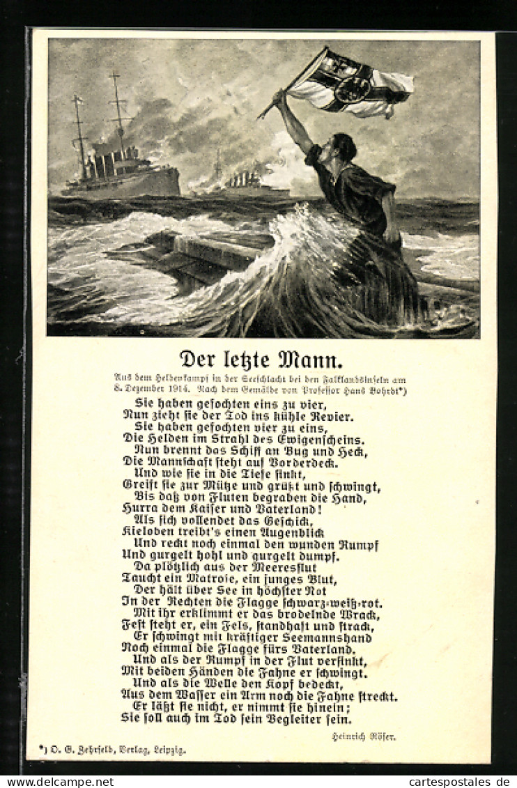 Künstler-AK Hans Bohrdt: Der Letzte Mann, Schiff Geht Unter, Matrose Hält Reichskriegsfahne Hoch  - Warships