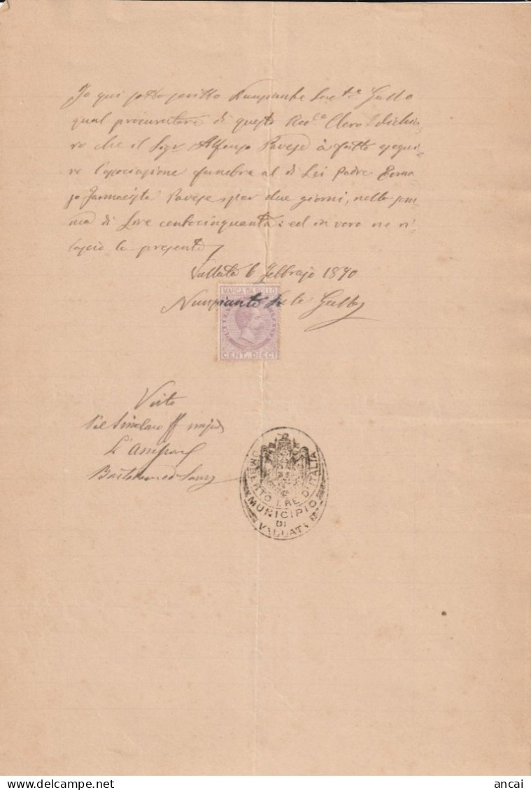 Italy. Vallata. 1890. Quietanza Di Pagamento + Bollo MUNICIPIO DI VALLATA, Con Marca Da Bollo A Tassa Fissa C.10 - Historical Documents