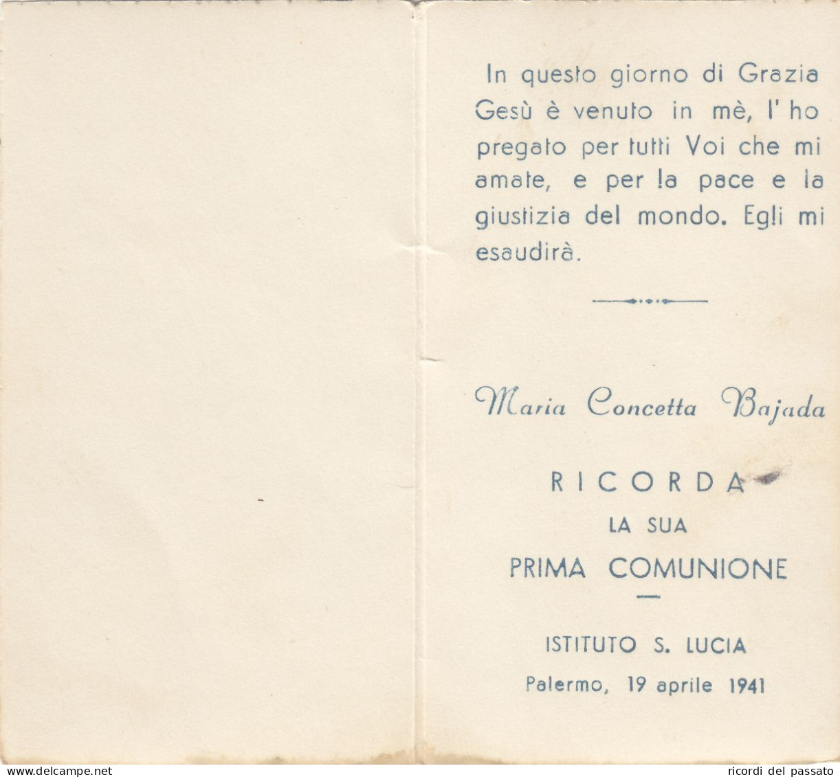 Santino Ricordo 1°comunione - Palermo 1941 - Devotion Images