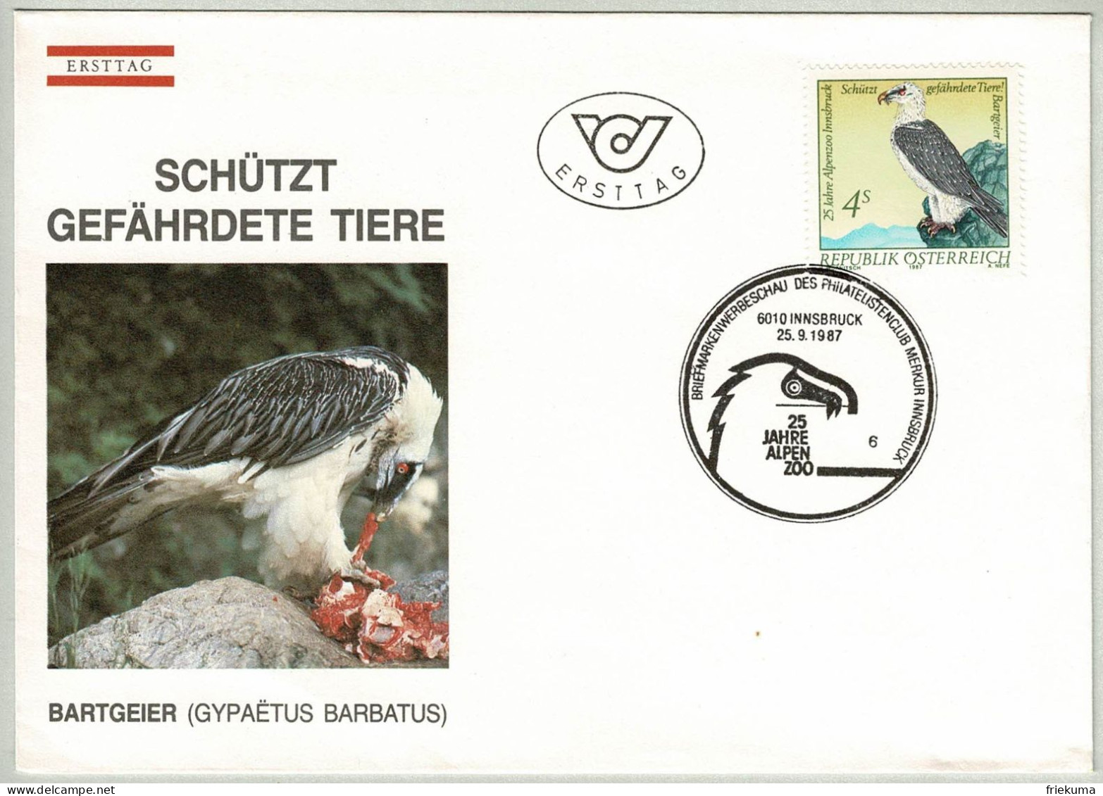 Oesterreich / Austria 1987, FDC Schützt Gefährdete Tiere Innsbruck, Bartgeier - Adler & Greifvögel