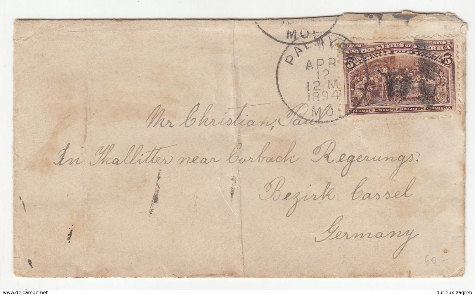 USA Letter Cover Posted 1894 Palmyra To Germany B240510 - Briefe U. Dokumente