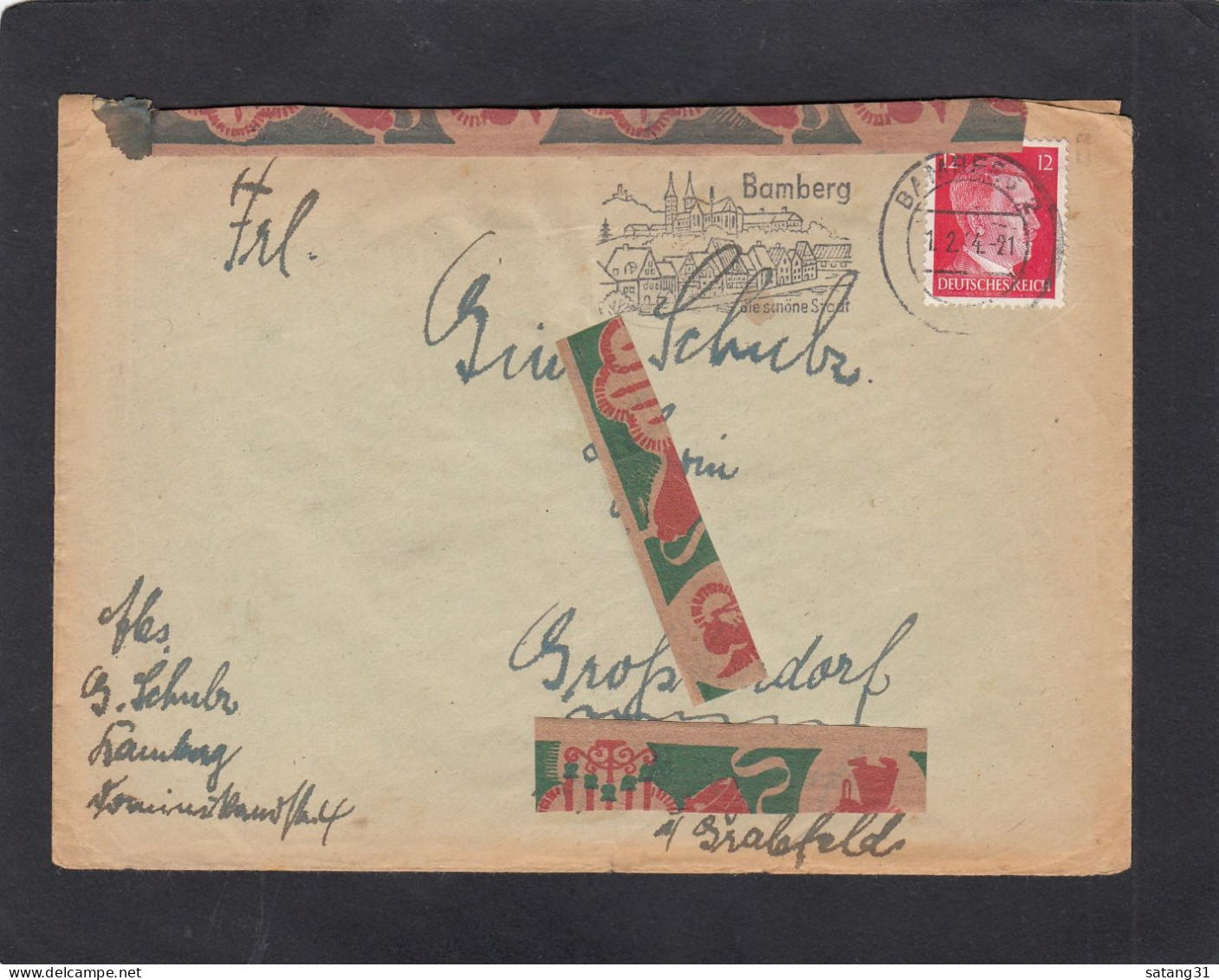 PAPIERMANGEL , WIEDERVERWENDUNG EINES BRIEFUMSCHLAG.BRIEF AUS GROSSBARDORF KÖNIGSHOFEN(GRABFELD) NACH BAMBERG,1944. - Briefe U. Dokumente