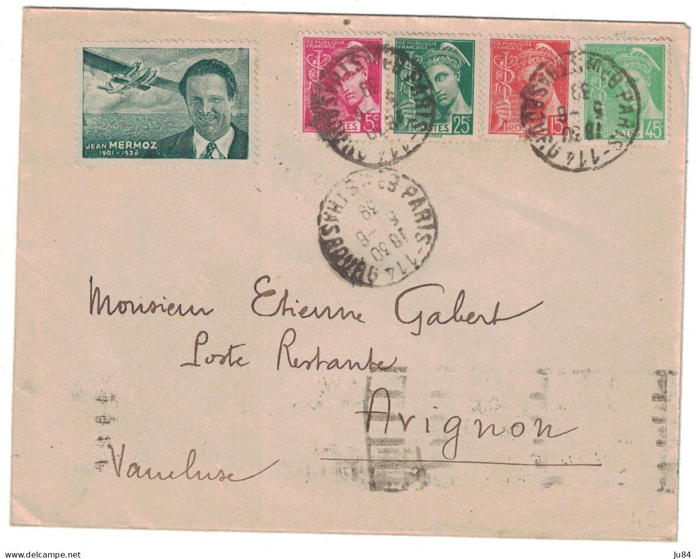 Paris - Lettre Pour Avignon - Affranchissement Tricolore Mercure + Vignette Jean Mermoz - 1939 - Tarifs Postaux