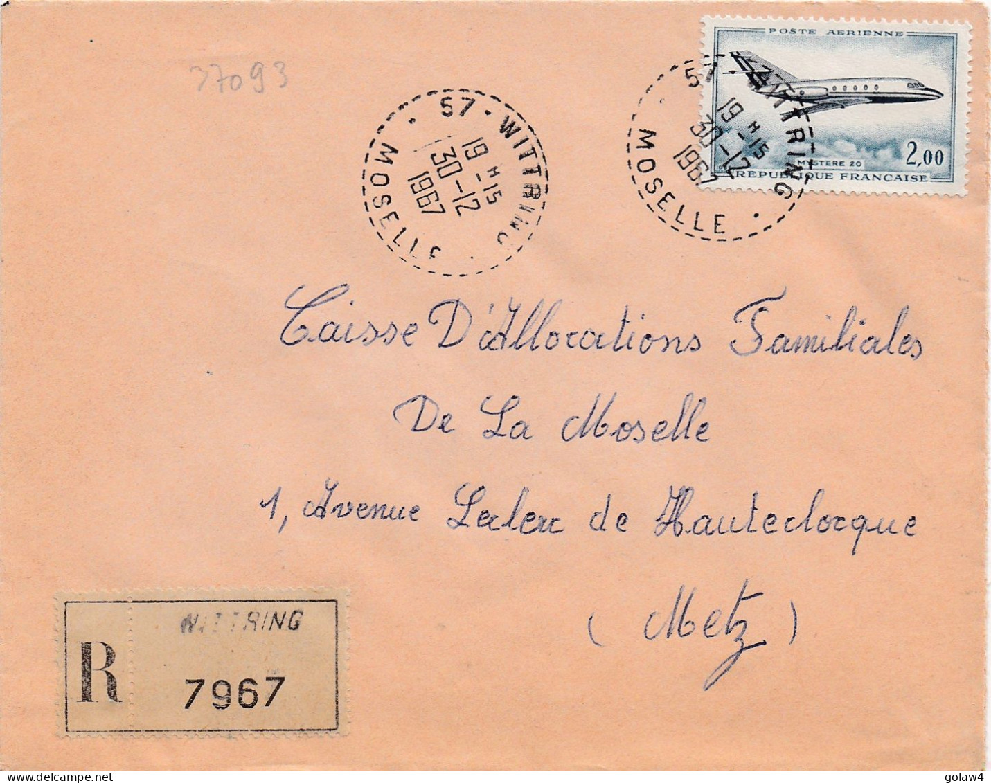 37093# LETTRE FRANCHISE PARTIELLE RECOMMANDE Obl WITTRING MOSELLE 1967 Pour METZ 57 - Covers & Documents