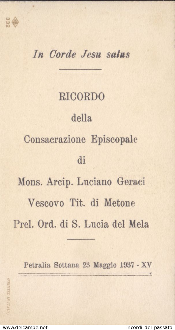 Santino Ricordo Consacrazione Episcopale - Petralia Sottana 1937 - Devotion Images