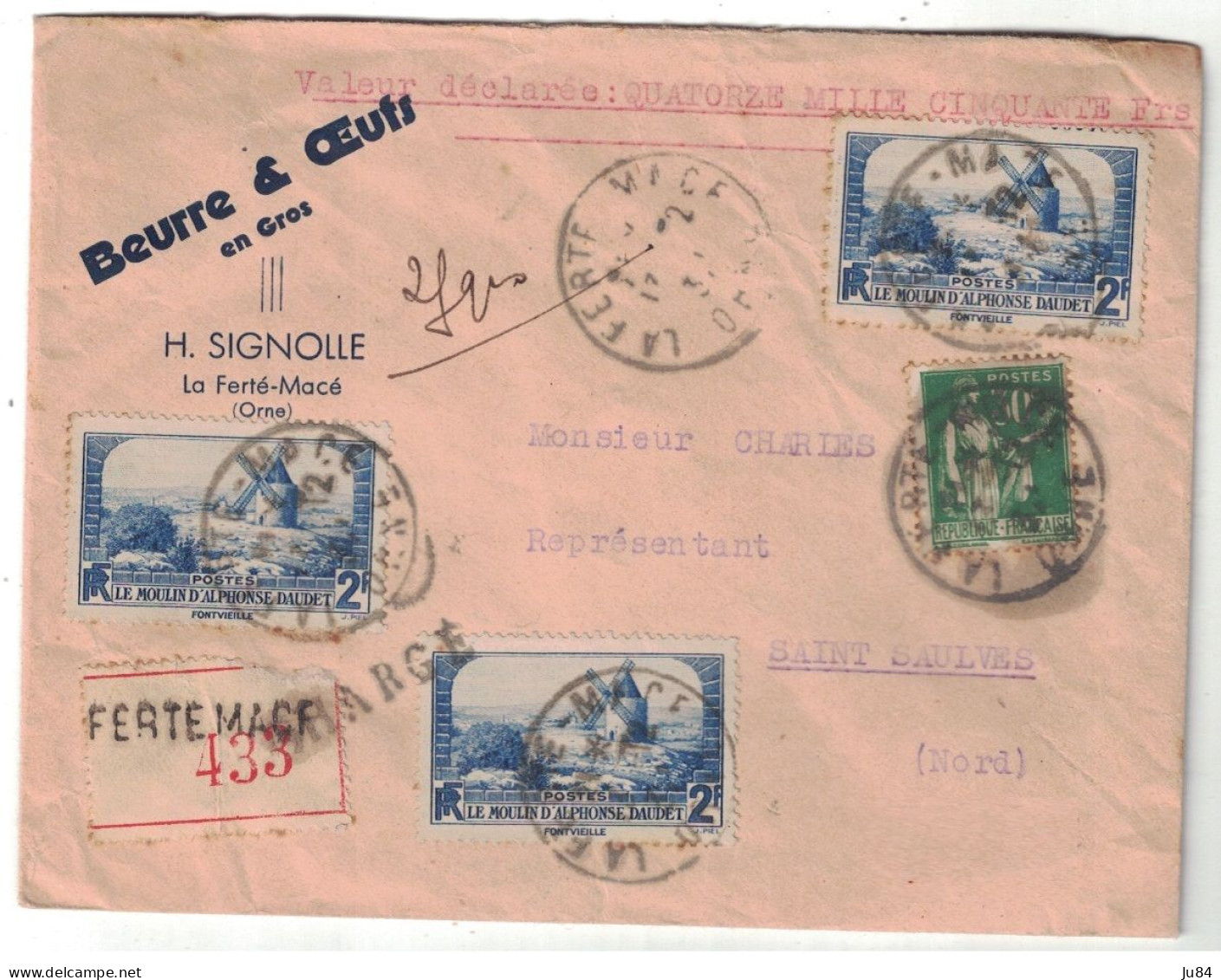 Orne - La Ferté-Macé - Beurre & Oeufs - Valeur Déclarrée - Lettre Recommandée Avec Cachets De Cire Pour Saint Saulves - Tarifs Postaux
