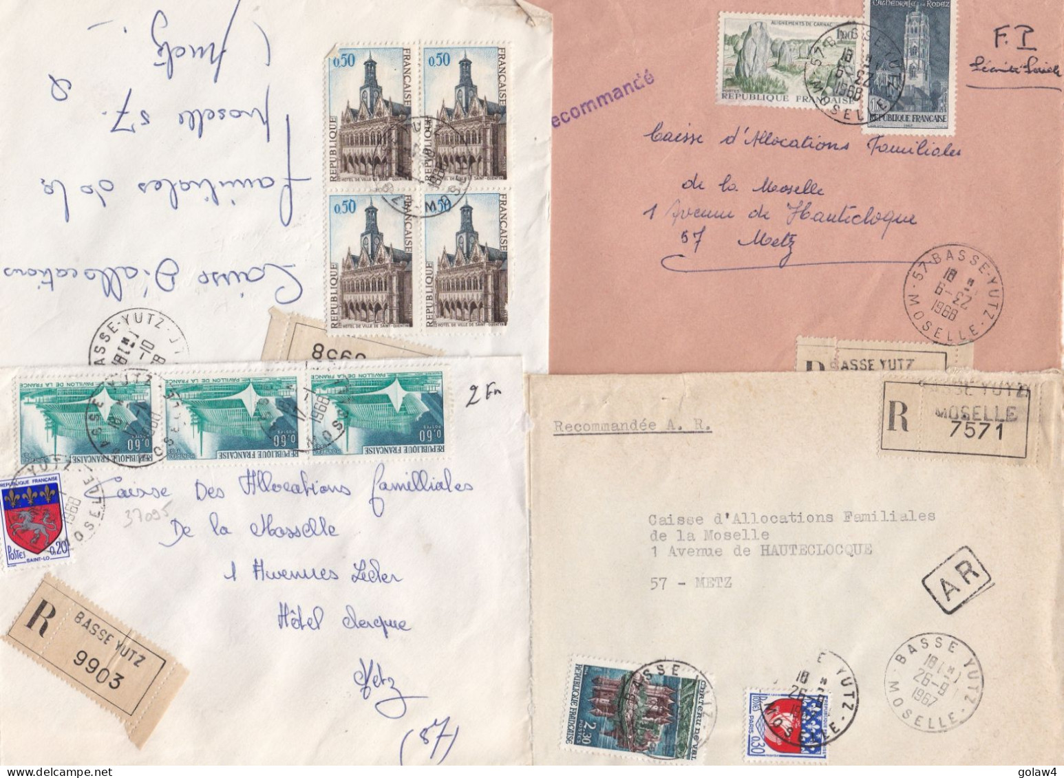 37095# LOT 54 LETTRES FRANCHISE PARTIELLE RECOMMANDE Obl BASSE YUTZ MOSELLE 1967 1968 Pour METZ 57 - Brieven En Documenten