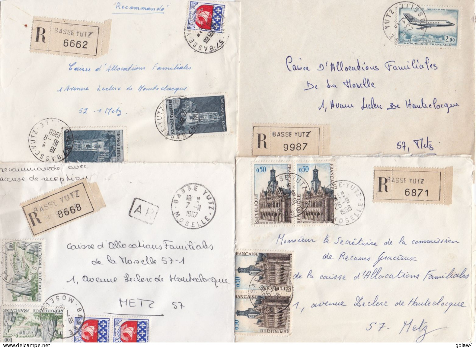 37095# LOT 54 LETTRES FRANCHISE PARTIELLE RECOMMANDE Obl BASSE YUTZ MOSELLE 1967 1968 Pour METZ 57 - Brieven En Documenten