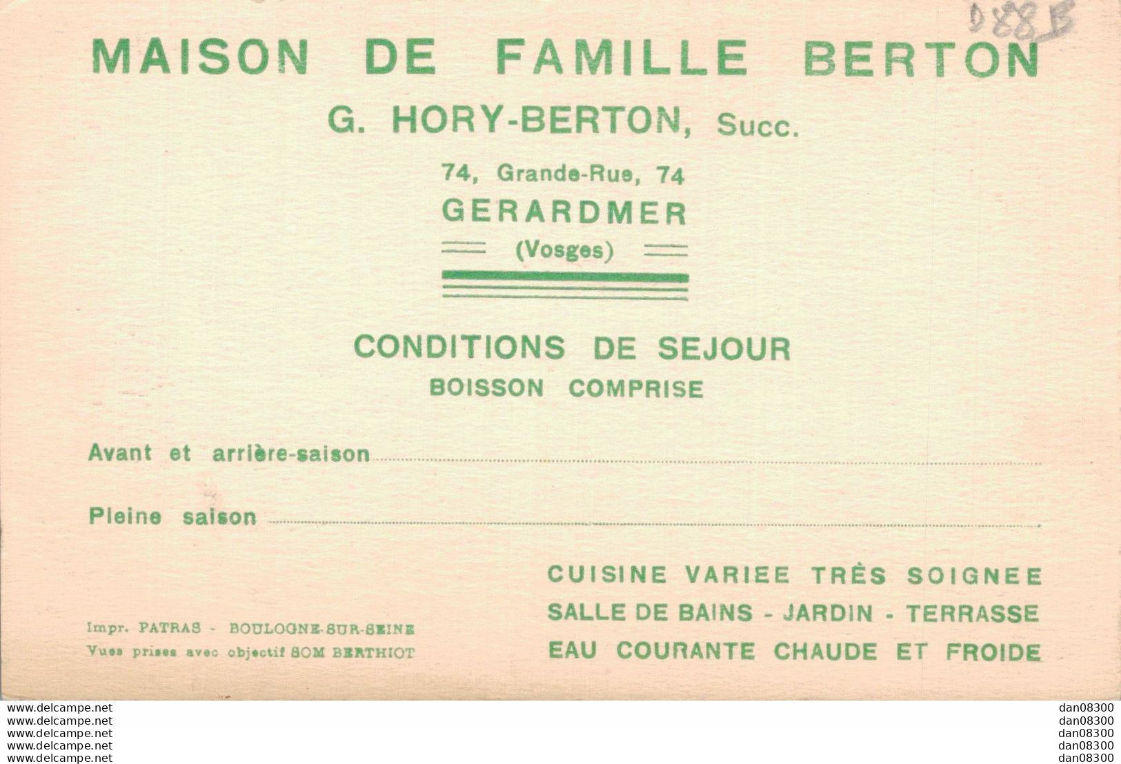 RARE  88 GERARDMER MAISON DE FAMILLE HORY BERTON 74 GRANDE RUE CONDITIONS DE SEJOUR BOISSON COMPRISE - Gerardmer