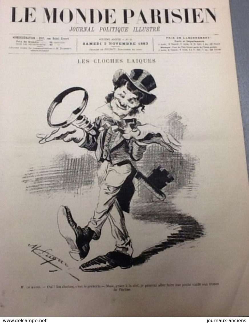 1883 LE MONDE PARISIEN - Caricature Henri ROCHEFORT La Lanterne  - LES CLOCHES LAÏQUES - THÉÂTRE DES BOUFFES PARISIENS - Magazines - Before 1900