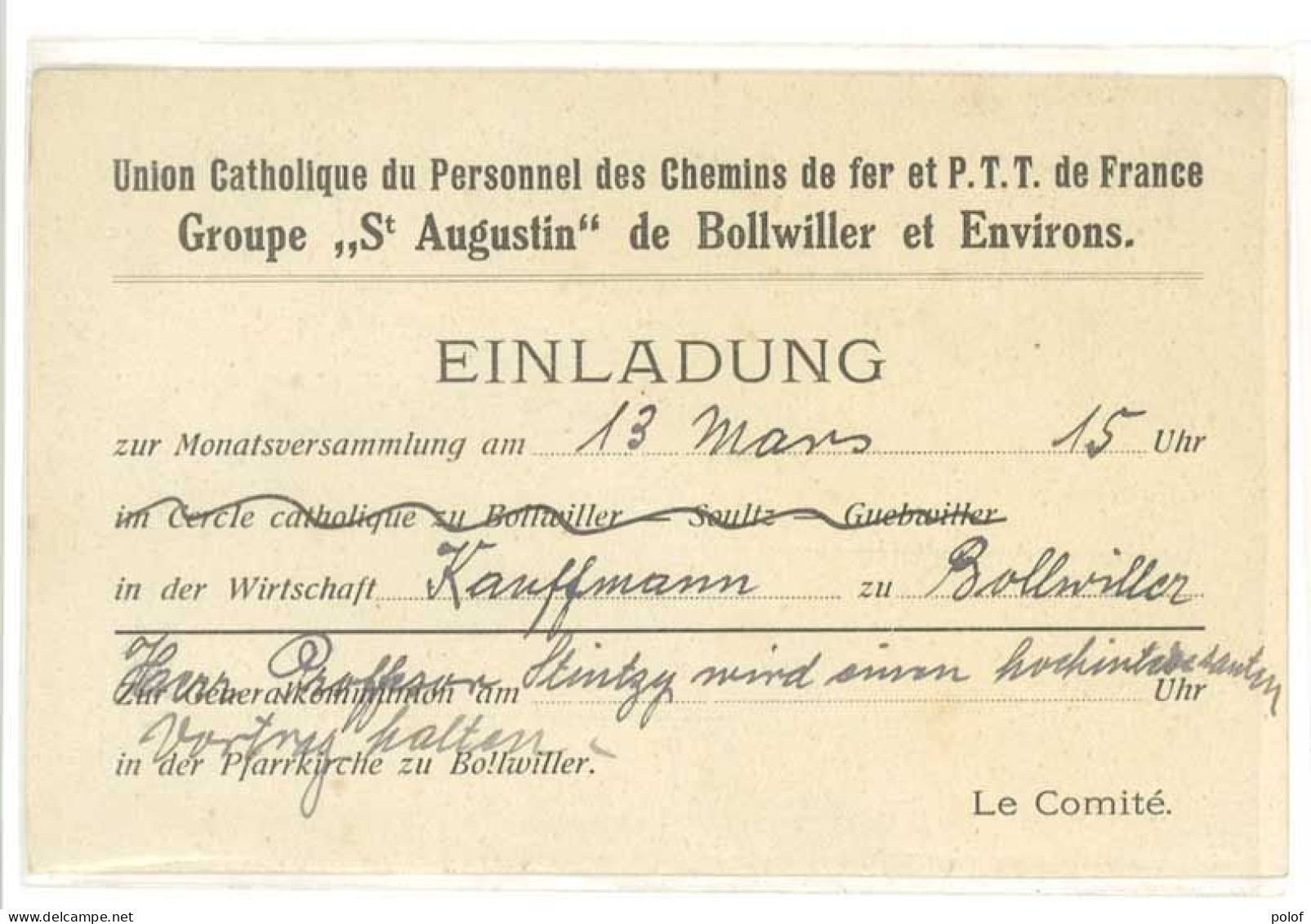 BOLLWILLER - Union Catholique Du Personnel Des Chemins De Fer - Groupe St Augustin - Einladuung    , ... (125353) - Other & Unclassified