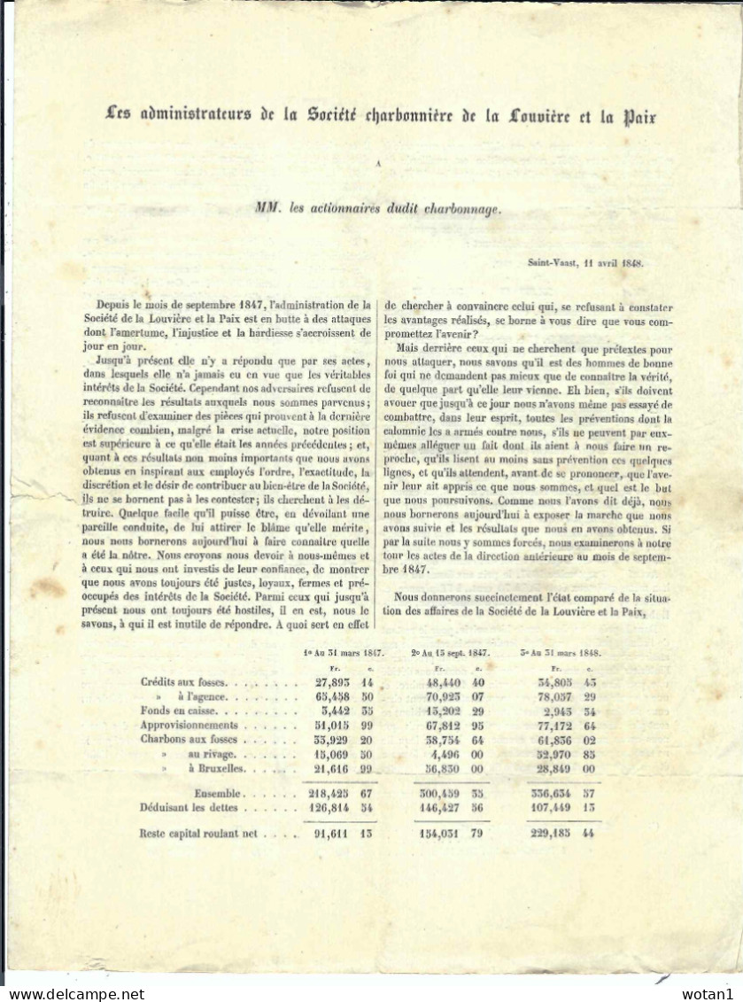 Société Charbonnière De LA LOUVIERE Et La PAIX - Lettre De SAINT-VAAST Du  11 Avril 1848 à HOUDENG GOEGNIES - 1830-1849 (Belgique Indépendante)