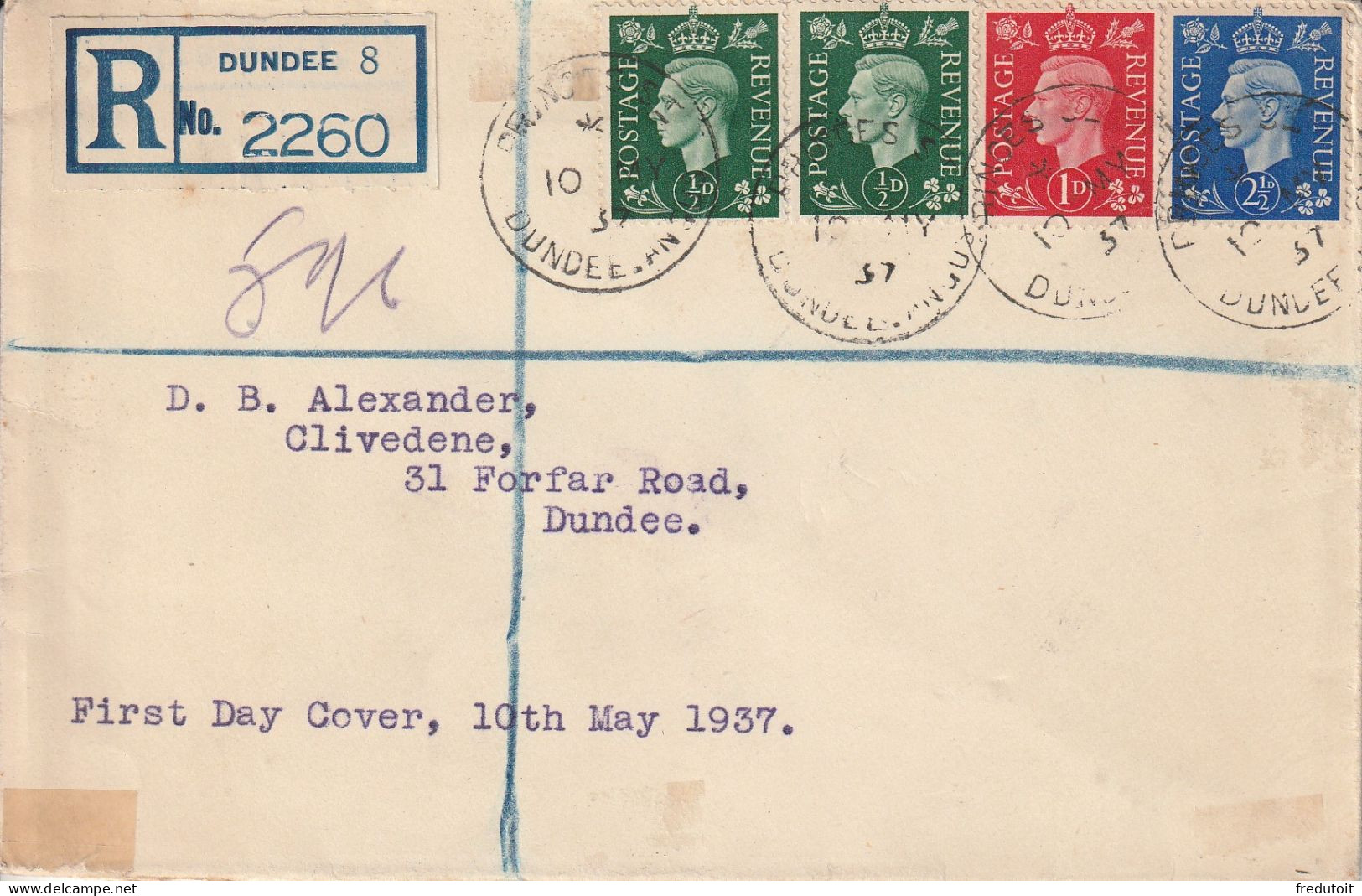 Grande Bretagne - LETTRE Recommandée - DUNDEE Le 10/05/1937 - First Day Cover - - Briefe U. Dokumente