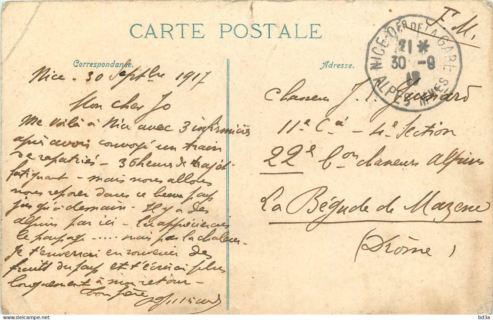 06 - NICE - CORRESPONDANCE MILITAIRE 1917 - Andere & Zonder Classificatie