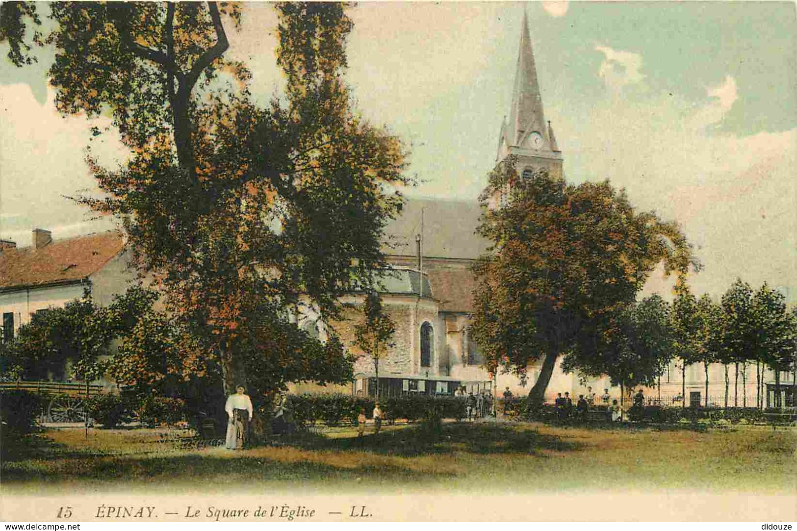 93 - Epinay - Square De L'Eglise - Animée - Colorisée - Correspondance - CPA - Voyagée En 1921 - Voir Scans Recto-Verso - Autres & Non Classés