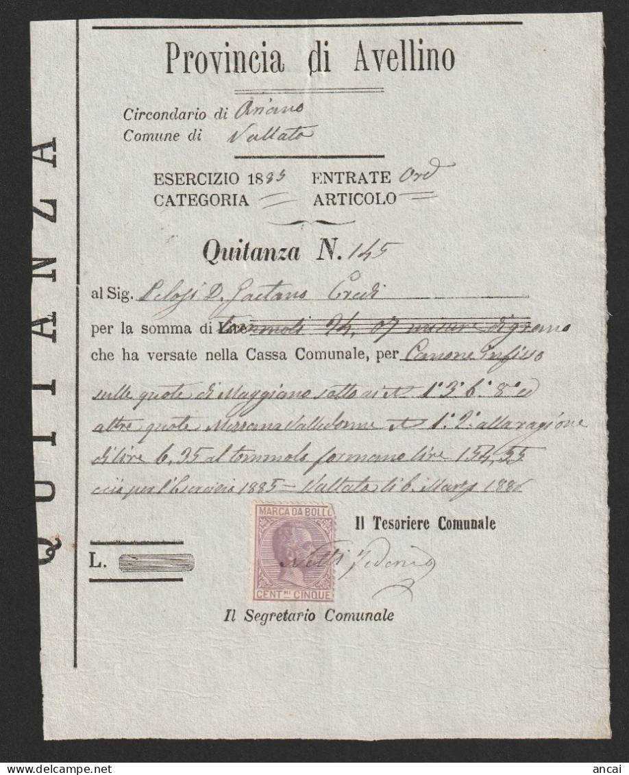 Italy. Vallata. 1886. Quietanza Di Pagamento Con Marca Da Bollo A Tassa Fissa Da C.5 - Historical Documents