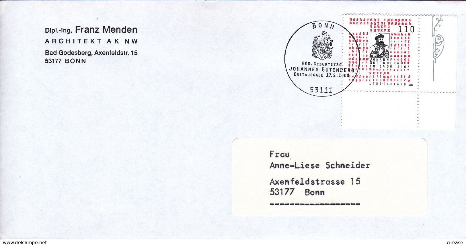 JOHANNES GUTENBERG COVER GERMANY - Storia Postale