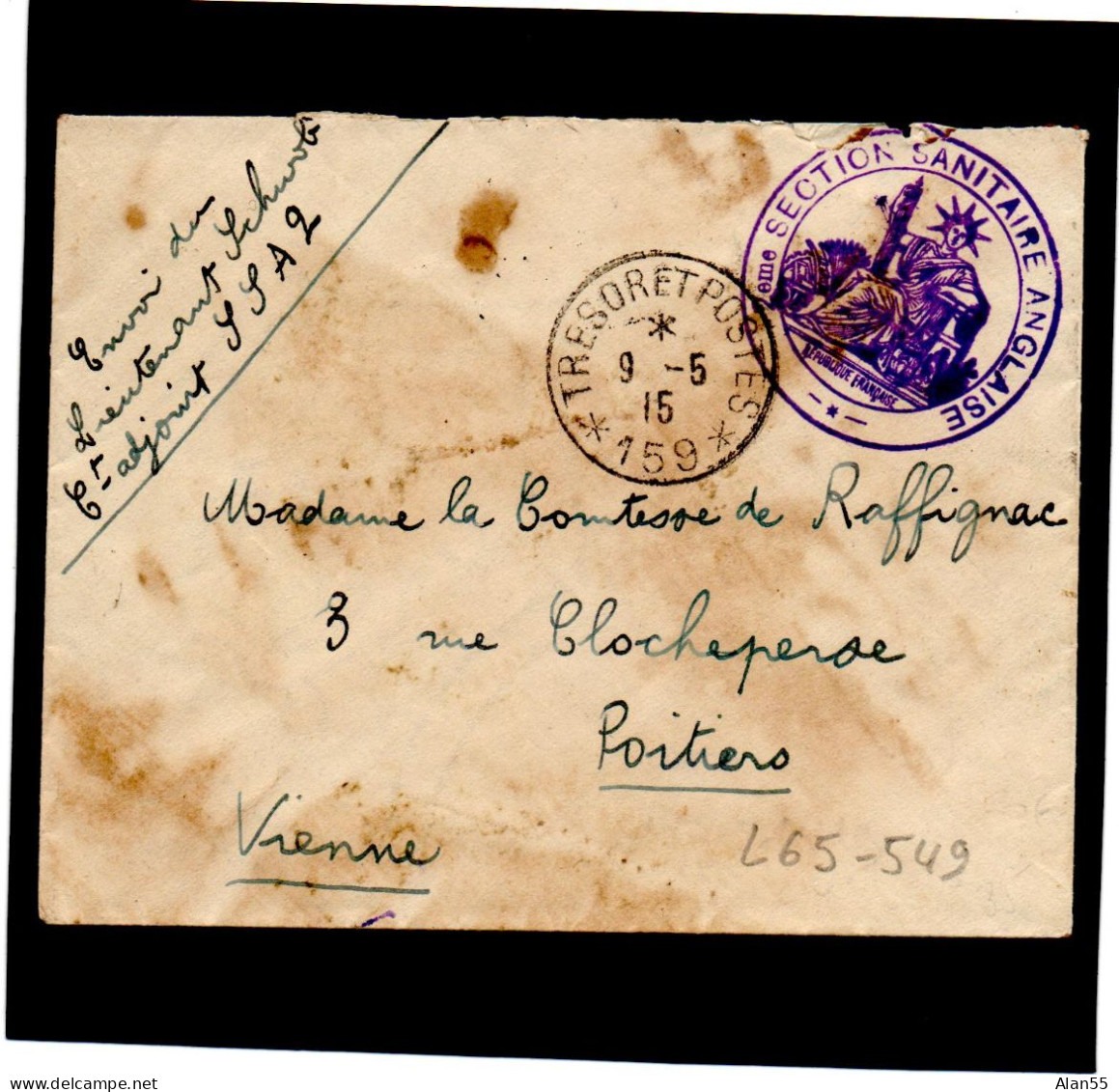 FRANCE,1915, FRANCHISE, » 2 EME SECTION SANITAIRE ANGLAISE », TRESOR ET POSTE 159 - WW I