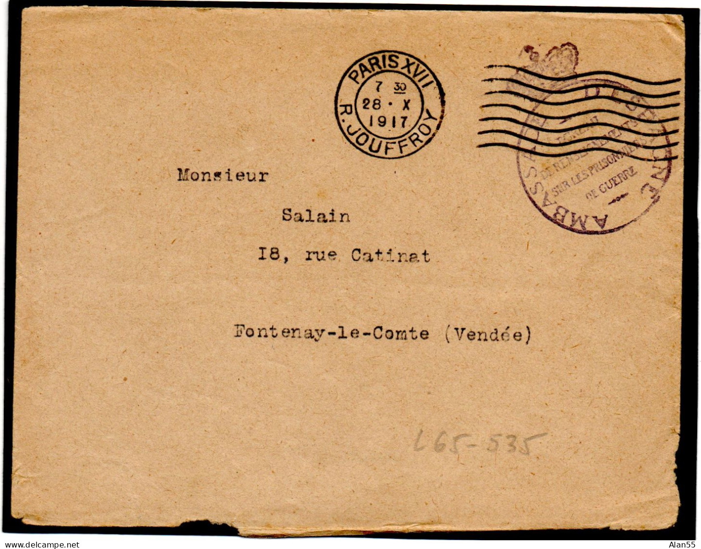 FRANCE, 1917, AMBASSADE D’ESPAGNE,LETTRE AVEC CORRESPONDANCE, MILITAIRE FRANCAIS INTERNE EN SUISSE - 1. Weltkrieg 1914-1918