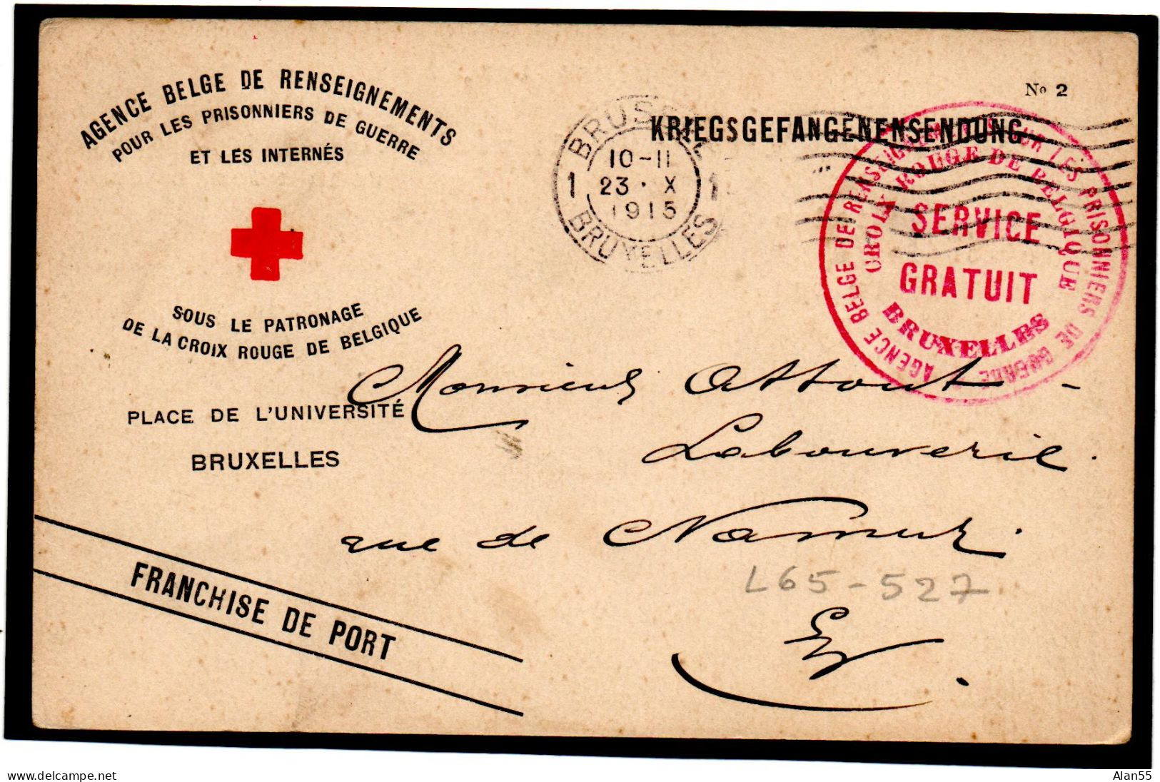 BELGIQUE.1915, CROIX-ROUGE, AGENCE PRISONNIERS DE GUERRE,BRUXELLES, SERVICE GRATUIT - Duits Leger