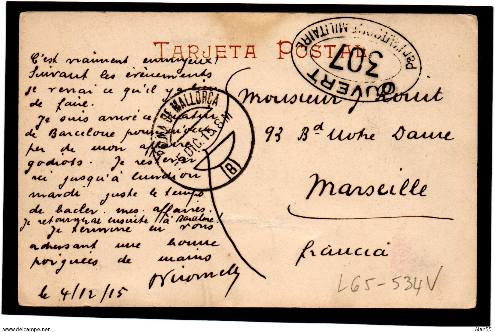 ESPAGNE, 1915,MALLORCA ,CENSURE(TIMBRE ARRACHER)  VIA FRANCE ,CENSURE 307 - Briefe U. Dokumente