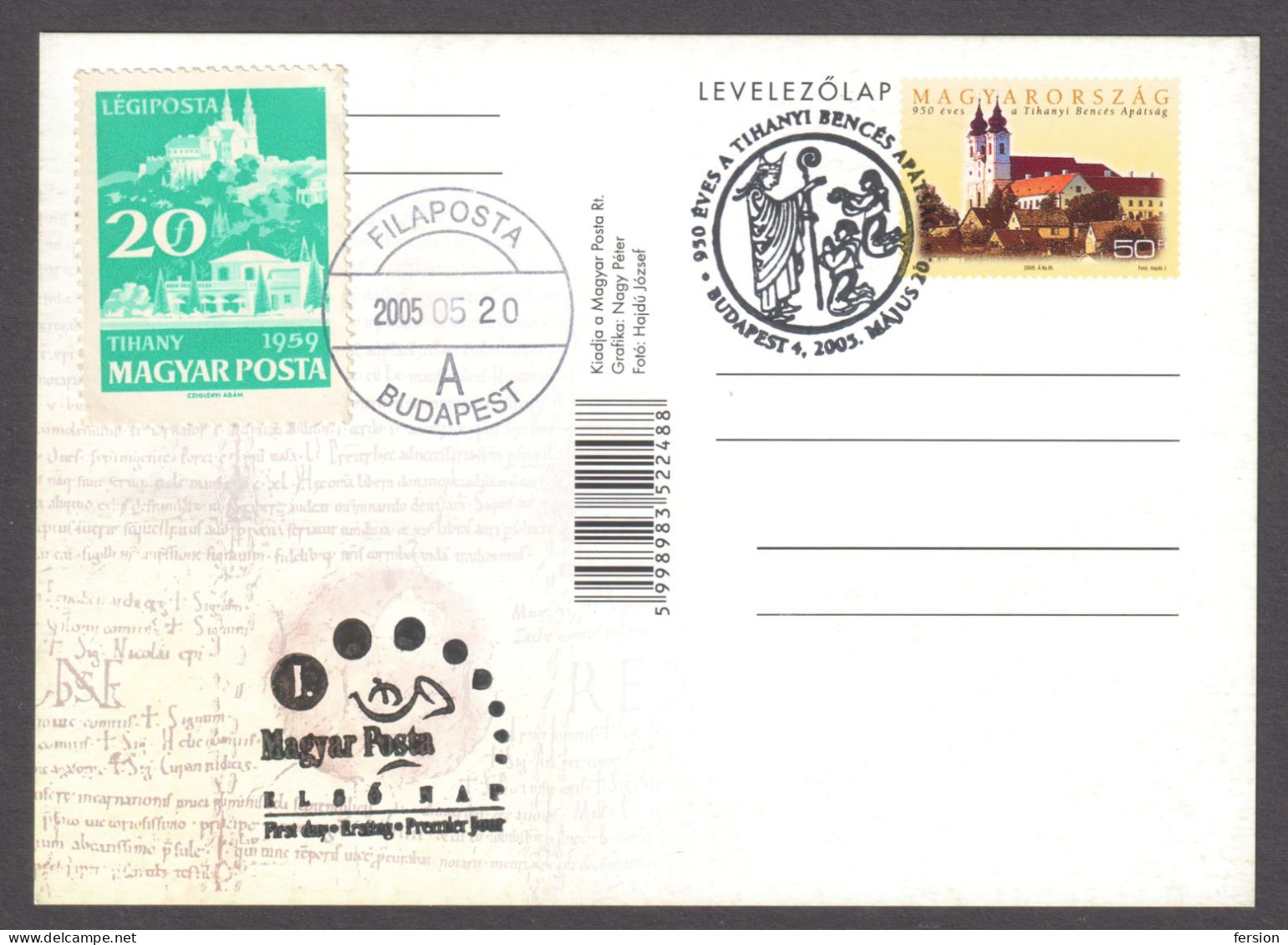 Benedictine Abbey Tihany Balaton Christianity Music Church Organ Church 2005 HUNGARY STATIONERY POSTCARD FDC 1959 - Abbayes & Monastères