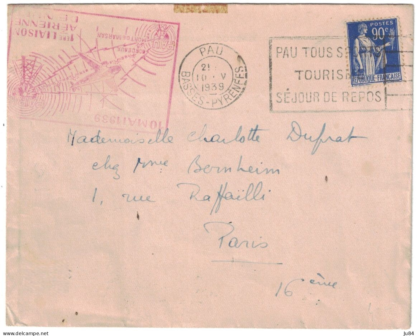 Basses-Pyrénées - Pau - 1ère Liaison Aérienne De Nuit  Pau à Paris - Lettre Pour Paris - 10 Mai 1939 - 1927-1959 Covers & Documents