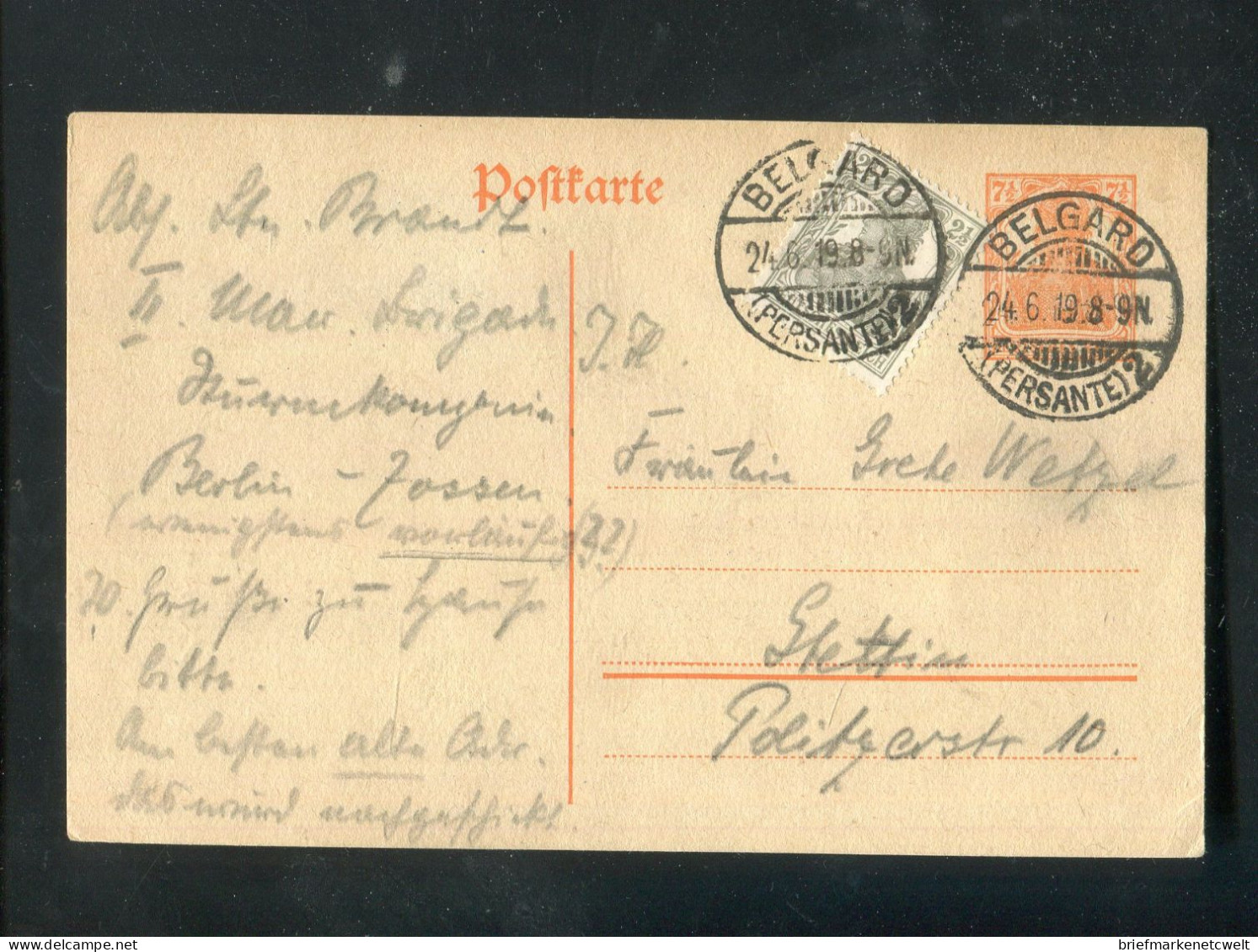 "DEUTSCHES REICH" 1919, Stegstempel "BELGARD" Auf Postkarte (B2006) - Cartoline