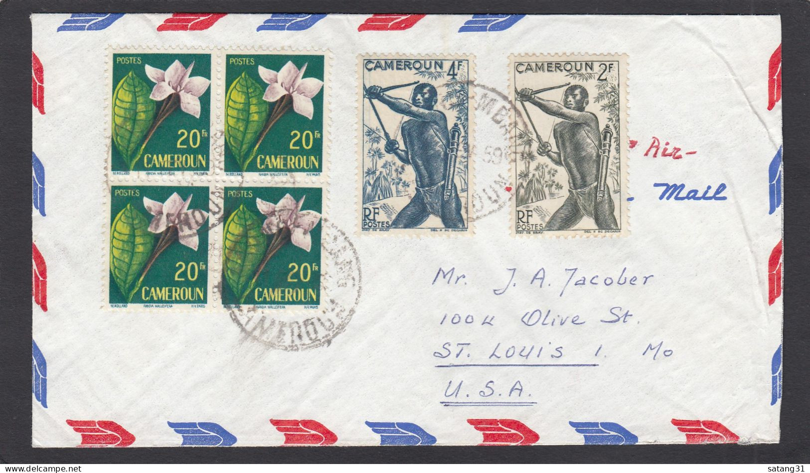 LETTRE PAR AVION DE ABONG MBANG,AVEC TIMBRES BLOC DE 4 "FLEUR" ET 2 TIMBRES  "TIREUR A L'ARC" POUR ST. LOUIS U.S.A.,1959 - Briefe U. Dokumente