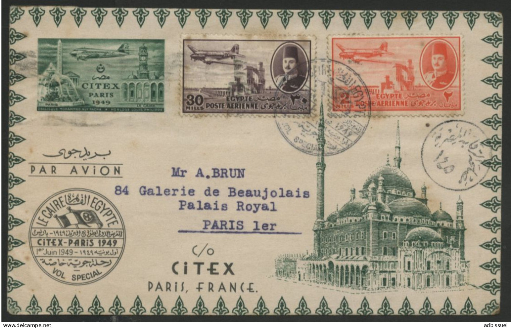 VOL LE CAIRE CITEX PARIS En 1929 PA N° 29 + 36 Sur Env. Speciale Avec Vignette Au Verso - Poste Aérienne
