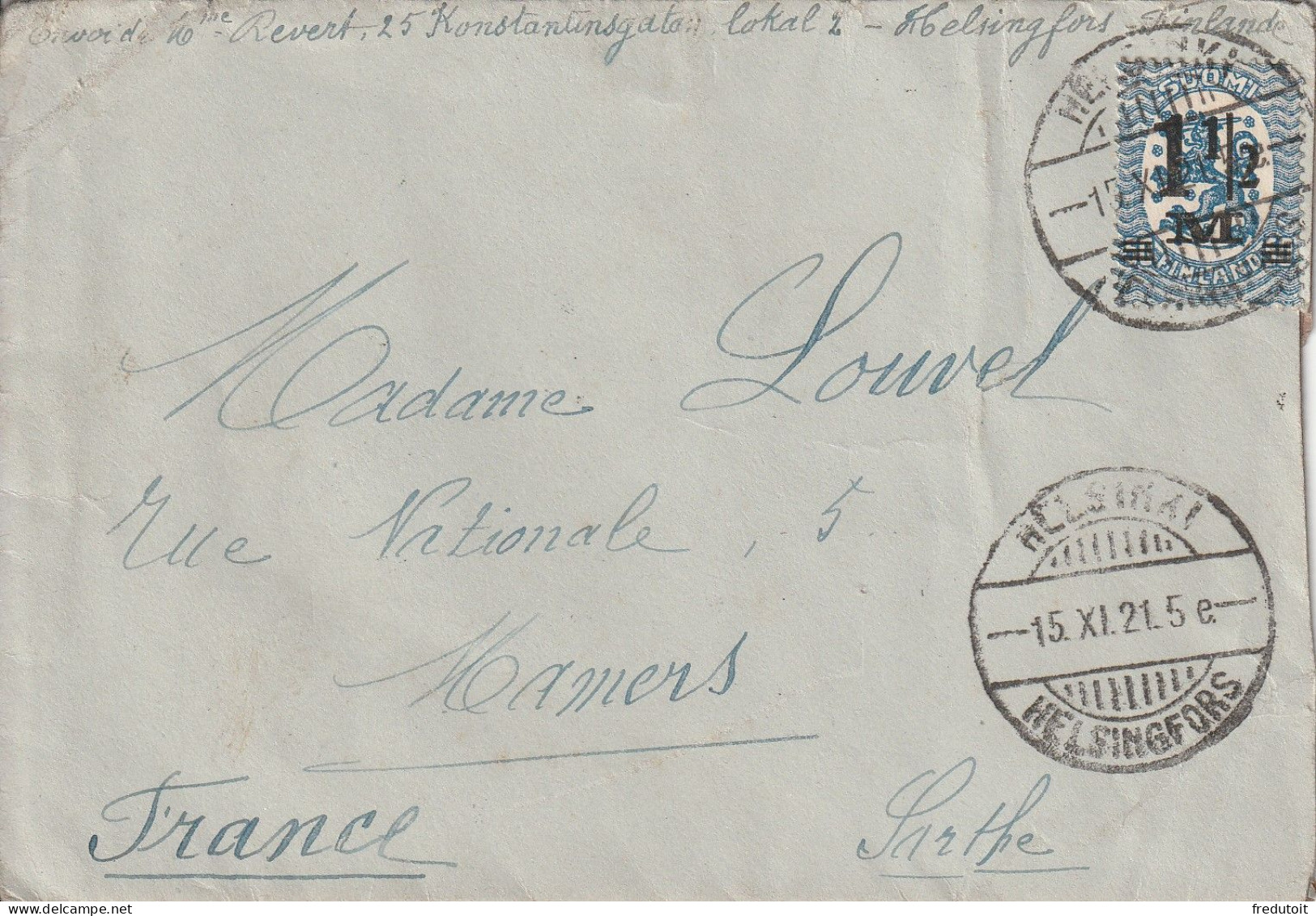 FINLANDE - LETTRE - Helsinki Le 15/11/1921 Pour Mamers (72) - Briefe U. Dokumente