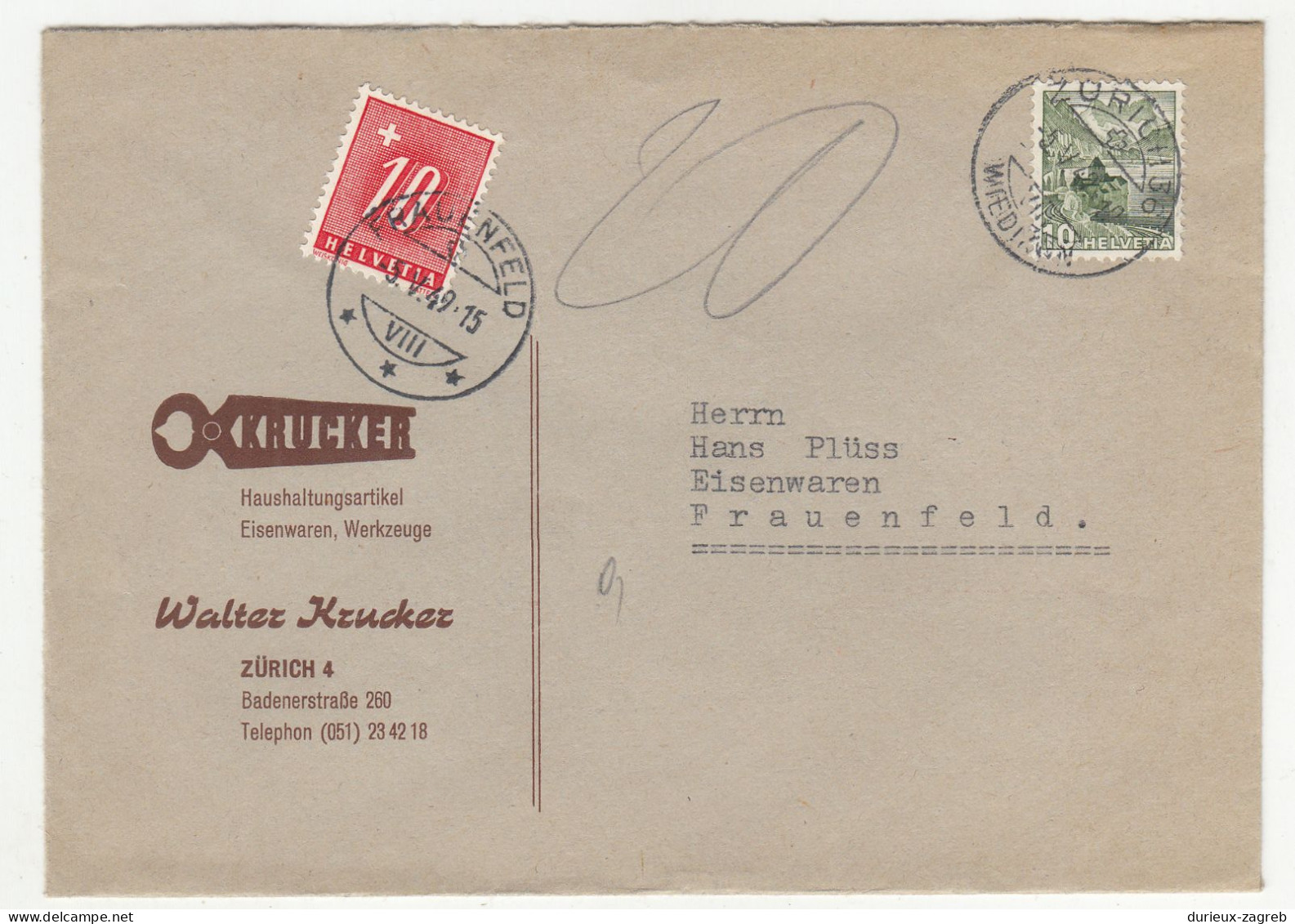 Krucker, Zürich (nippers) Company Letter Cover Posted 1949 - Taxed Postage Due Switzerland B240510 - Strafportzegels