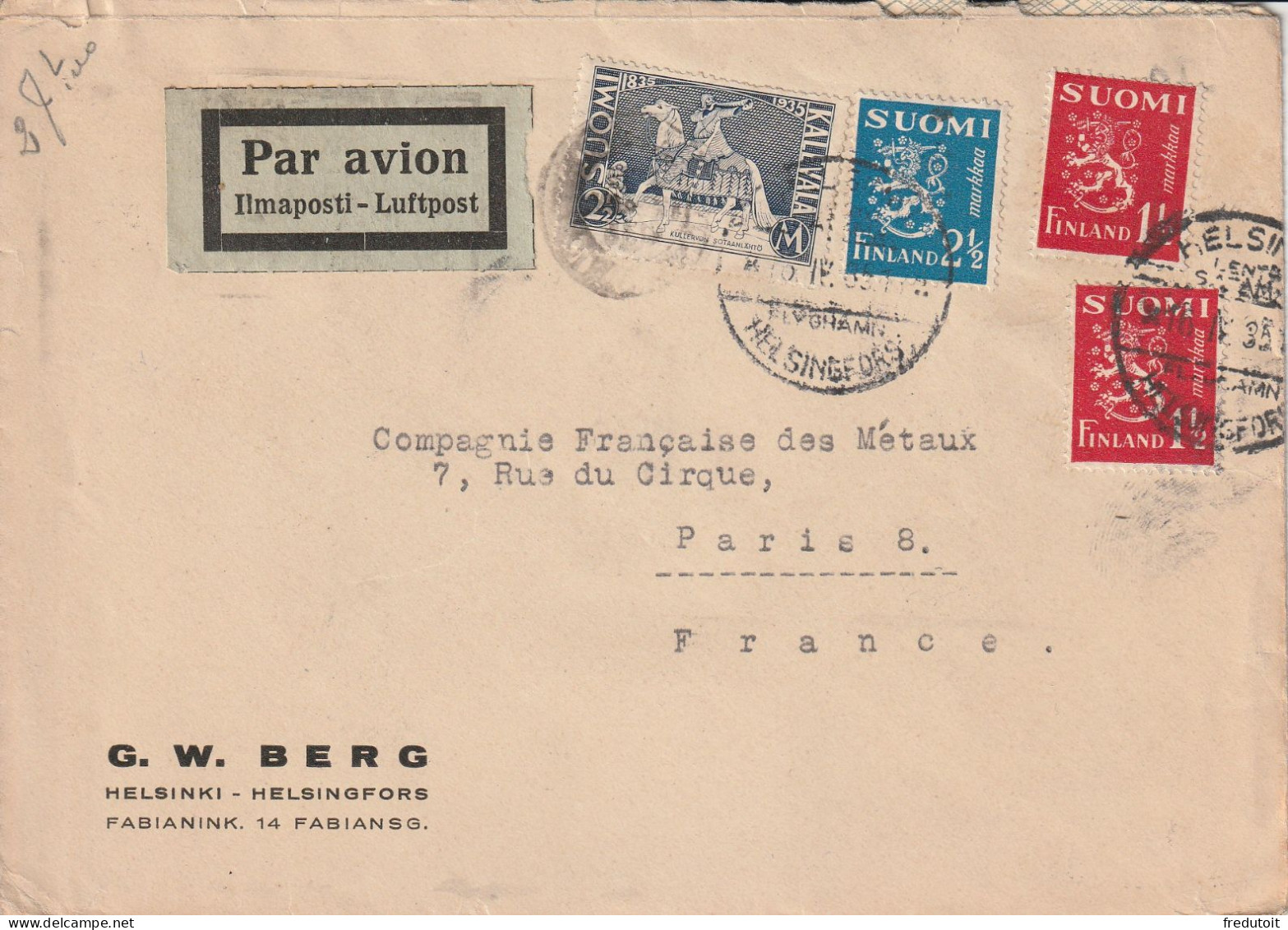 FINLANDE - LETTRE - Helsinki Le 16/04/1935 Pour Paris - Covers & Documents