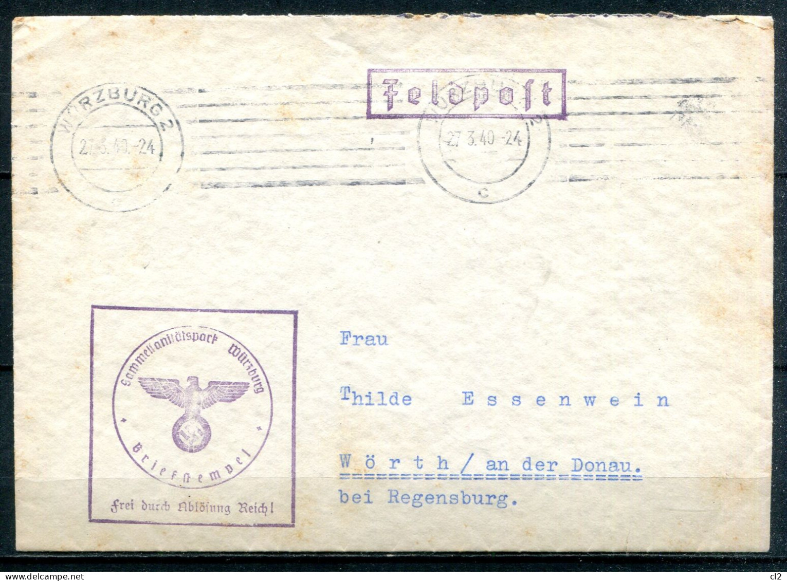 ALLEMAGNE - 27.3.40 - Feldpost - Sammelsanitätspark - WURZBURG Nach WÖRTH An Drr DONAU - Feldpost 2e Wereldoorlog