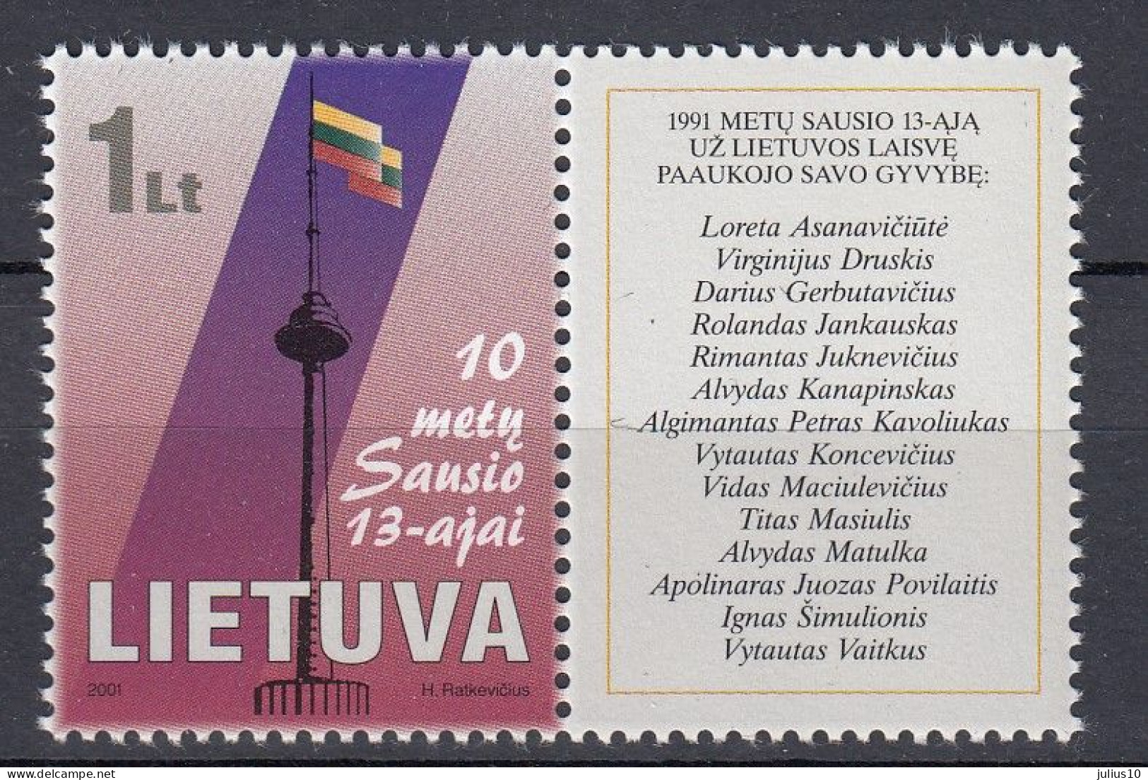 LITHUANIA 2001 Tragic Events In Vilnius MNH(**) Mi 750 #Lt1061 - Lithuania