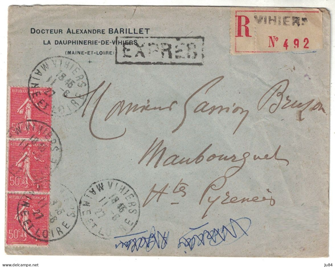 Maine Et Loire - La Dauphinerie-de-Vihiers - Lettre Recommandée Exprès Pour Maubourguet - 11 Juin 1927 - Postal Rates