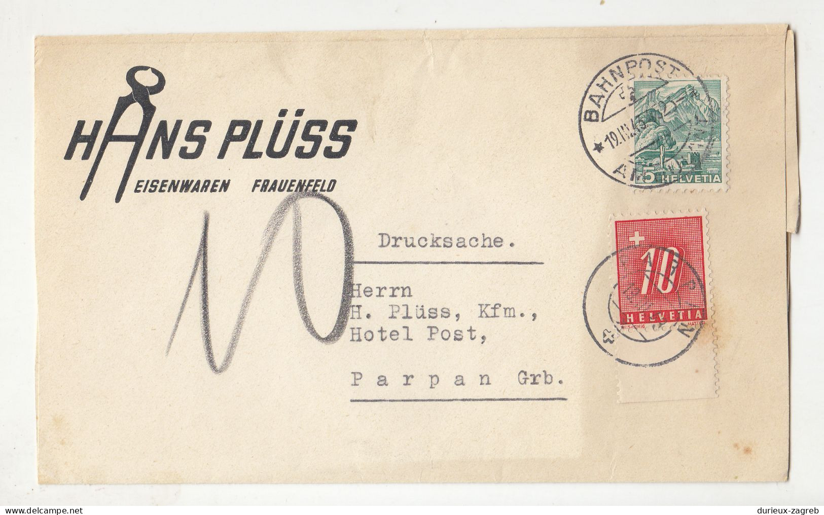 Hans Plüss, Frauenfeld (nippers) 2 Company Letter Covers Posted 1943/50 - Taxed Postage Due Switzerland B240510 - Strafportzegels