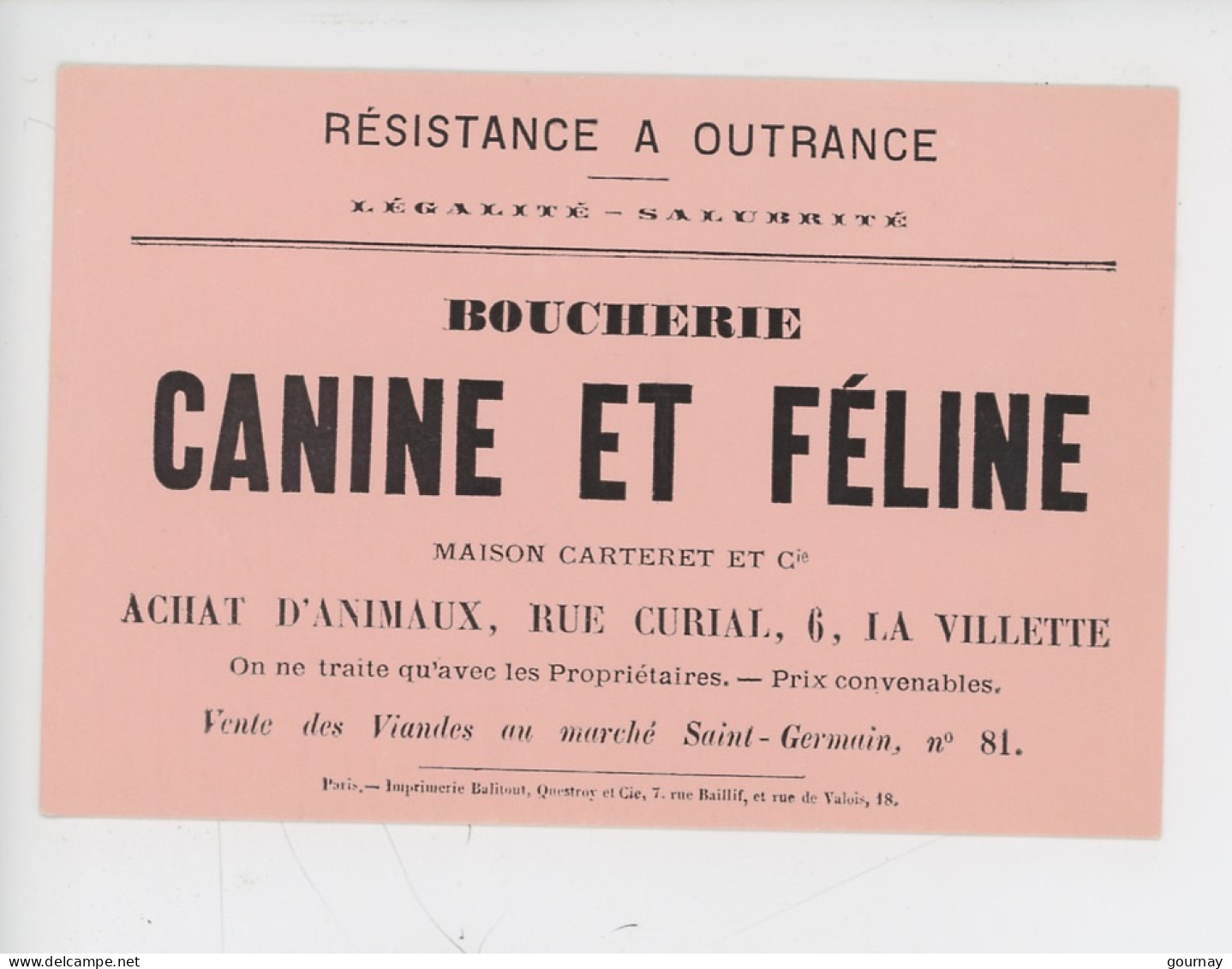 Chien Chat - Résistance à Outrance Boucherie Canine Et Féline - 26/12/1870 11è Jour Siège Paris Par Prussiens - Publicité