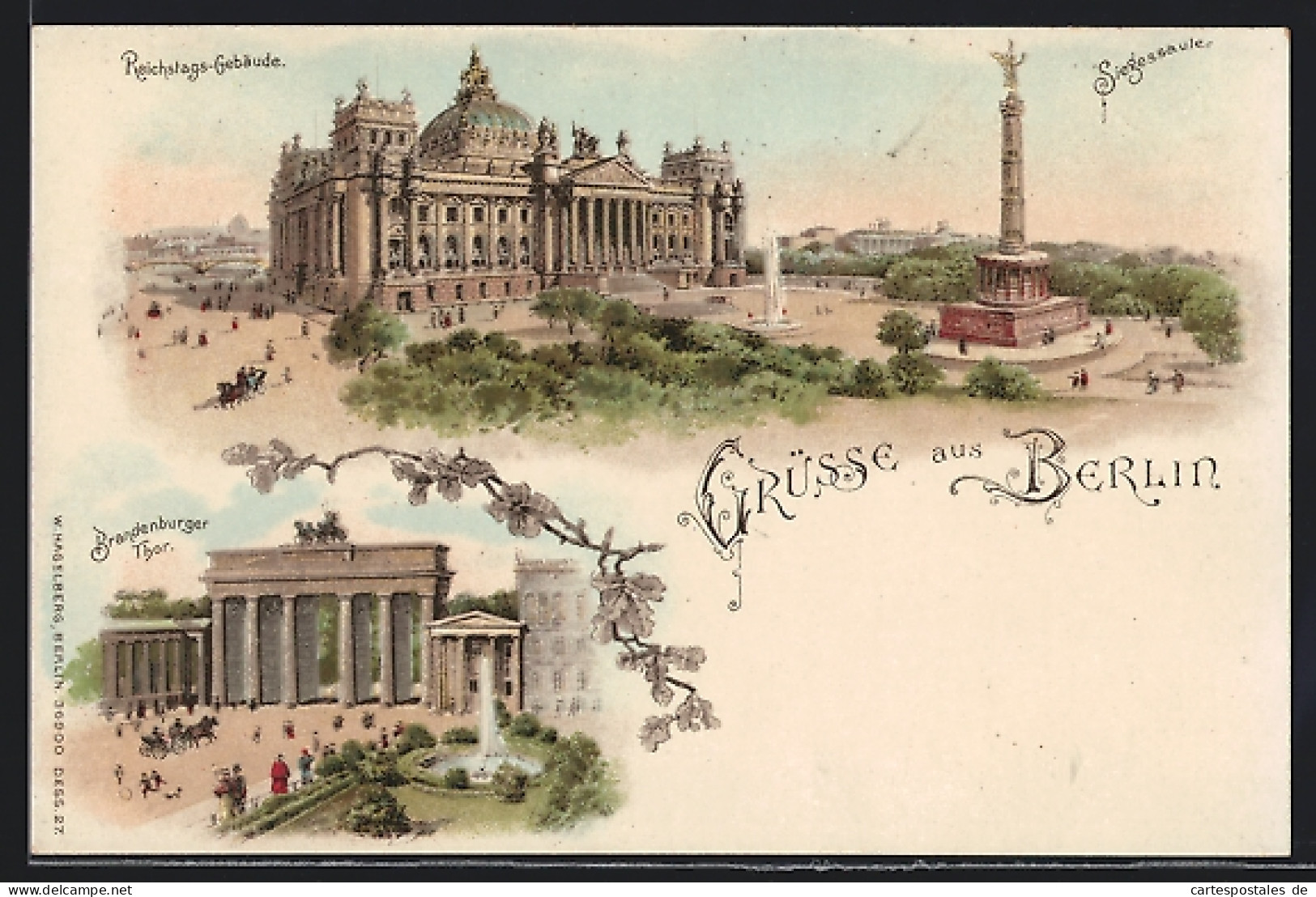 Lithographie Berlin, Reichstags-Gebäude Mit Siegessäule, Brandenburger Tor  - Dierentuin