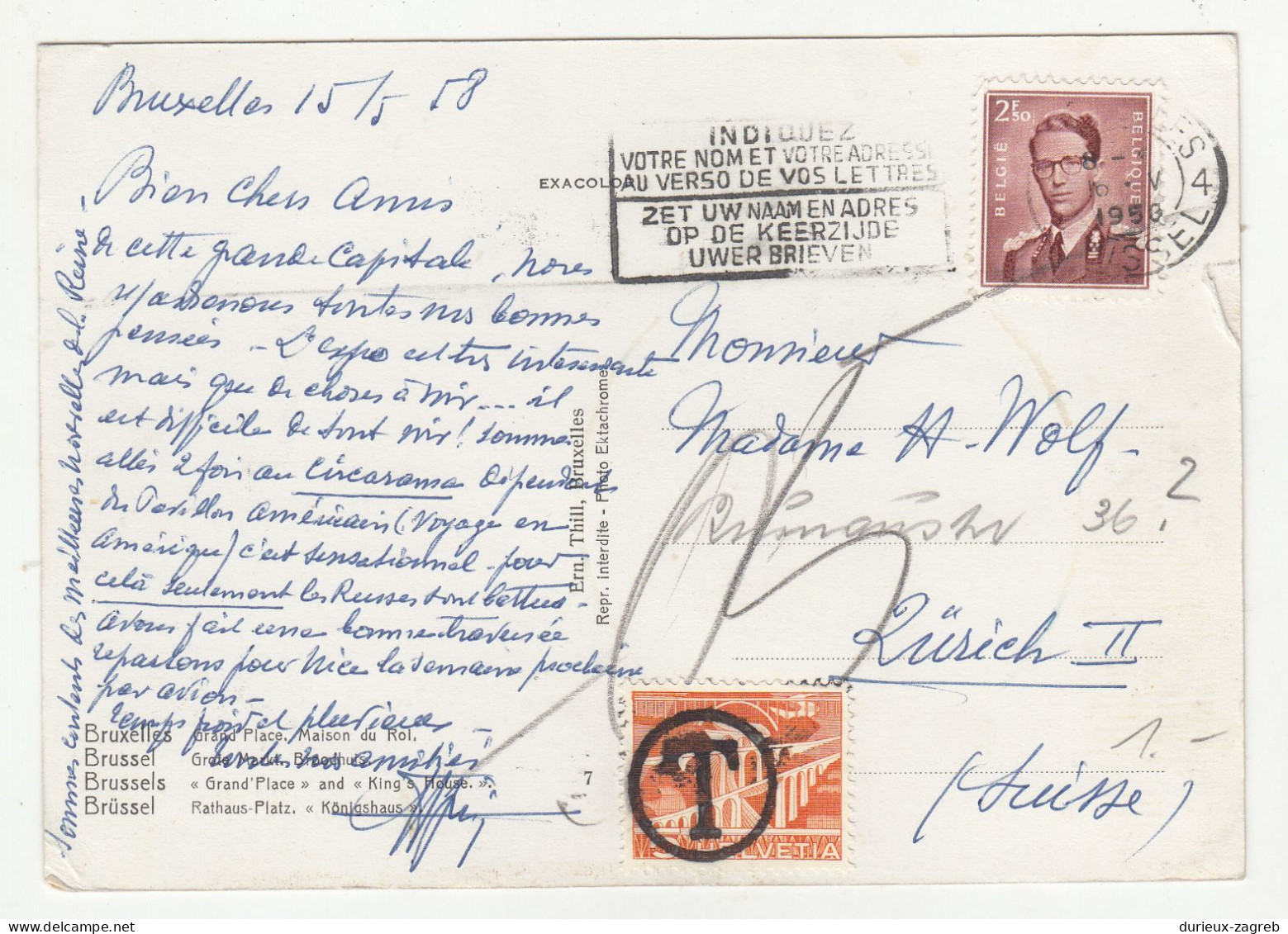 Belgium Bruxelles Postcard Posted 1958 - Taxed Postage Due Switzerland With Ordinary Stamp B240510 - Segnatasse