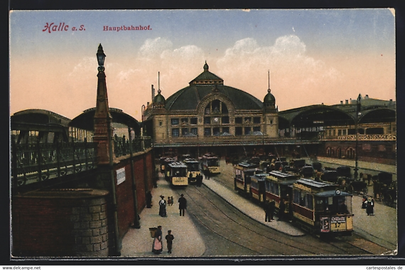 AK Halle / Saale, Hauptbahnhof Mit Strassenbahnen, Kutschen, Frau Mit Korb Auf Dem Rücken  - Sonstige & Ohne Zuordnung