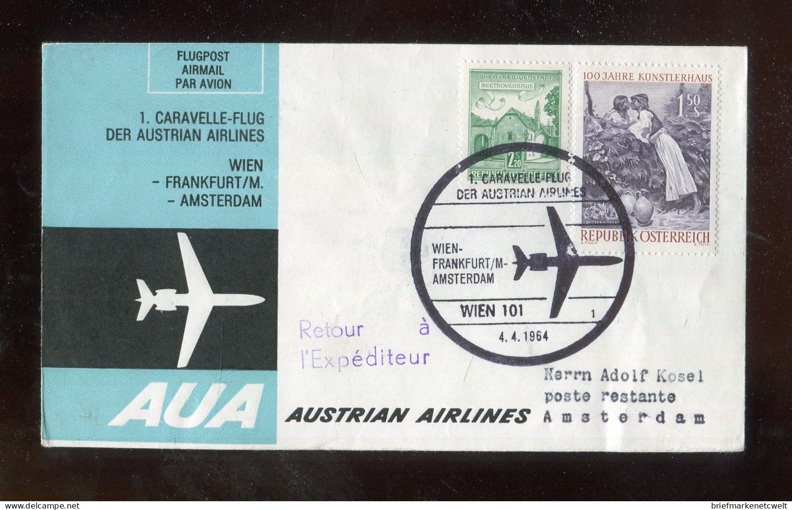 "OESTERREICH" 1964, AUA-Caravelle-Erstflugbrief "Wien-Amsterdam" (B2011) - Erst- U. Sonderflugbriefe