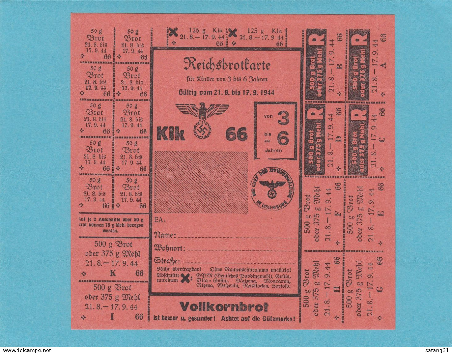 REICHSBROTKARTE  FÜR KINDER VON 3 BIS 6 JAHREN. KLK 66. - 1940-1944 German Occupation